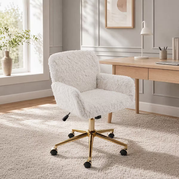 Faux Fur Vanity Chair, Adjustable Swivel Home Office Chair with Colorful Wheels and Metal Base, Cute Makeup Chair for College Dorm Essentials