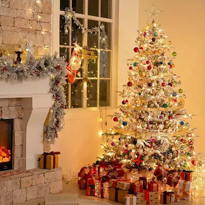 Vivatrees 6.5FT Pre-Lit Flocked Christmas Tree Artificial Xmas Snow Pine with Warm White Multi Color LED Lights Metal Base for Home Office Holiday