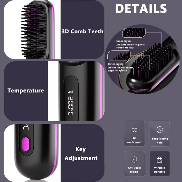 Dryhsip Portable Straightener Brushs for Travel,with LCD Temperature Display,Fast Heating Cordless Mini Hair Brushs Styling Tools