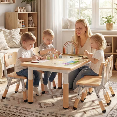 TODECARE Kids Table and 4 Chair Set with Height Adjustable Table & Chairs, and Safe Design, Perfect for Play, Study, and Dining, Beige