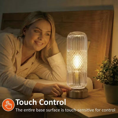 Touch Dimmable Ribbed Glass Table Lamp with Bronze Base and Braided Cord-Clear