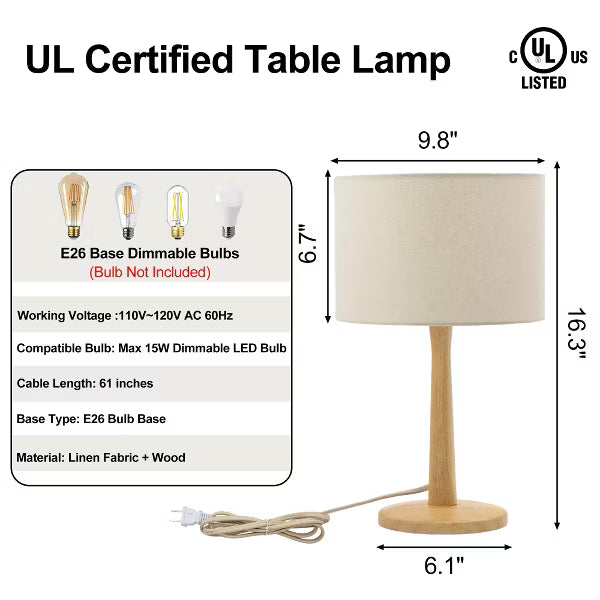 Solid Wood Tapered Base Table Lamp, UL Certified, with Beige Linen Shade and Dimmer Switch for Nightstand & Entryway Decor