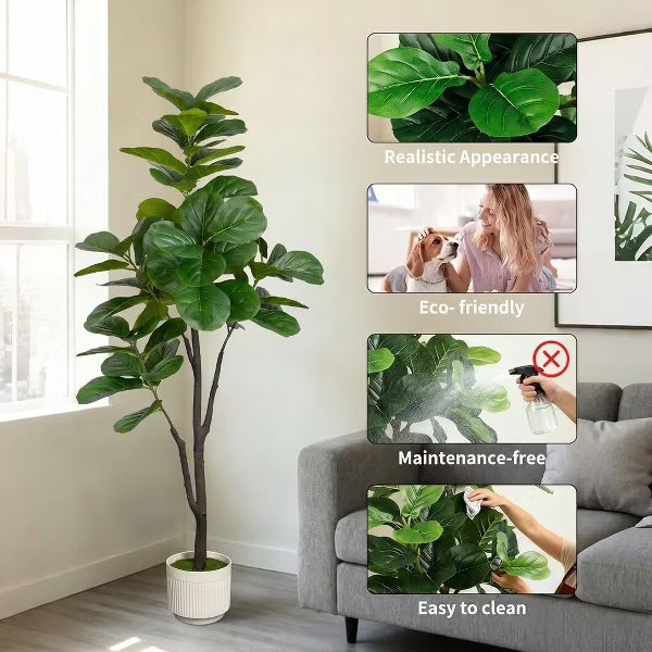 6FT Artificial Fiddle Leaf Fig Tree, Faux Indoor Large Tall Fake Tree with White Planter for Home Decor