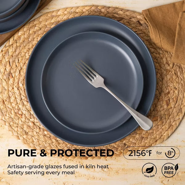 12-Piece Stoneware Dinnerware Set for 4, Includes Dinner Plates, Salad Plates and Bowls, Microwave and Dishwasher Safe,Slate Blue