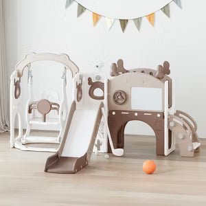 12-in-1 Toddler Slide Playset – Indoor & Outdoor Kids Slide with Basketball Hoop, Golf & Drawing Board (Beige & Rosy Brown, 54×62×39 in)
