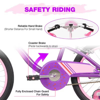Hykolity Kids Bike 14-Inch Girls Bicycle For Ages 3-5 Adjustable Saddle Coaster Brakes Training Wheels Doll Seat Streamer Basket Pink