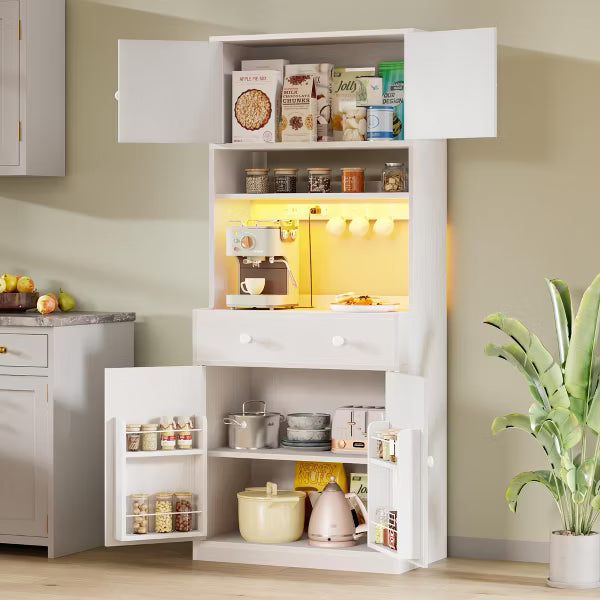 Qwatto 71'' Black Kitchen Pantry Storage Cabinet Farmhouse Freestanding Microwave Stand with Hutch Doors and Drawers for Dining Room and Coffee Bar
