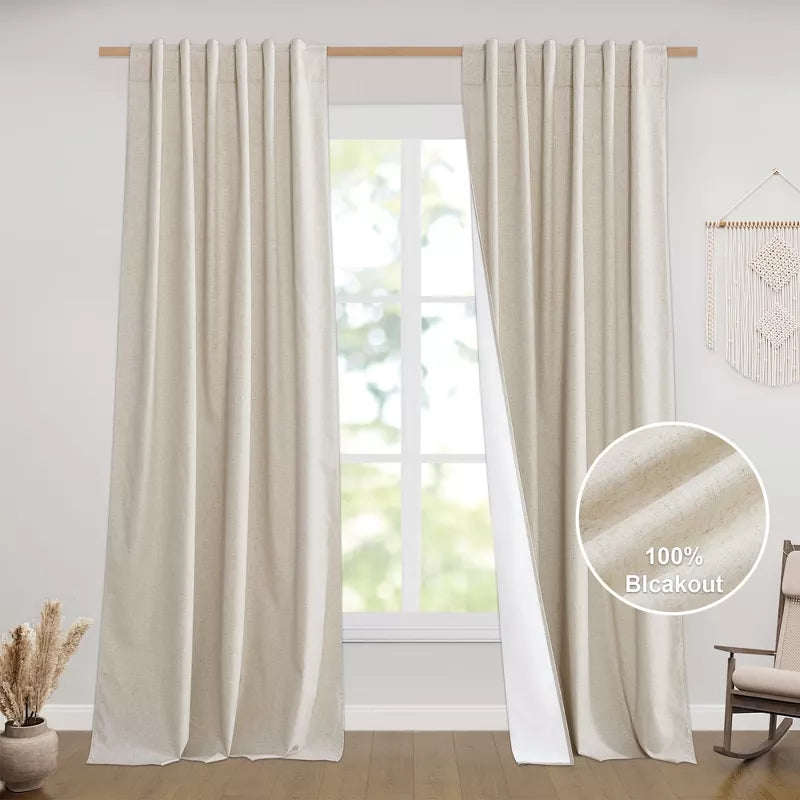 NICETOWN 100% Blackout Linen Curtains Thermal Insulated Burlap Window Drapes 2 Panels, 52W x 95L, Light Beige