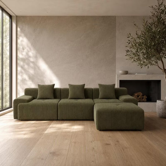118" Corduroy Modular Cloud Sectional Sofa with Movable Ottoman, Deep Seat Convertible L-Shape Boneless Couch, No Assembly for Living Room & Apartment