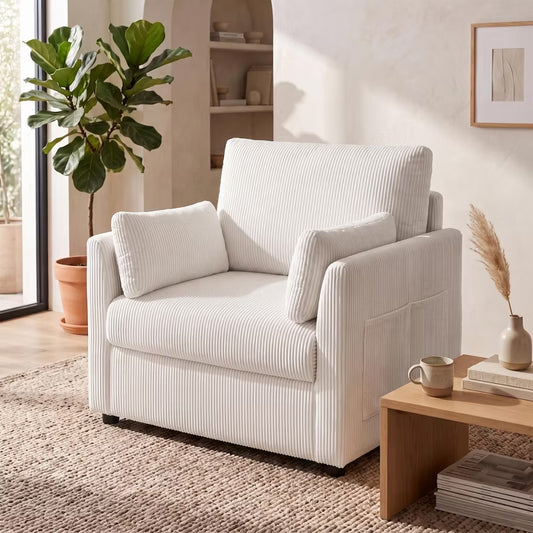37.75" Corduroy Accent Chair with Side Pockets, Modern Upholstered Wide Single Sofa Armchair with 2 Pillows for Bedroom, Living Room, Dorm, Apartment