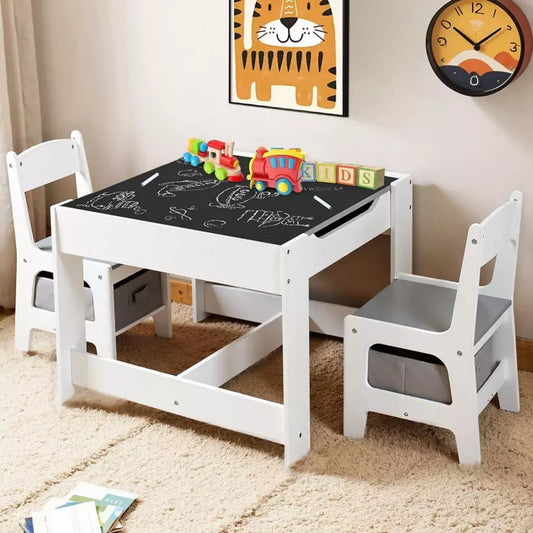 3-in-1 Kids Table with 2 Chairs, Storage and Removable Chalkboard Top