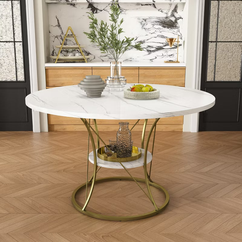 Expandable Round Dining Table – 43 to 59 Inch Marble Veneer Farmhouse Table with Gold Metal Base & Storage Shelf, Seats 4-6 for Kitchen or Dining Room