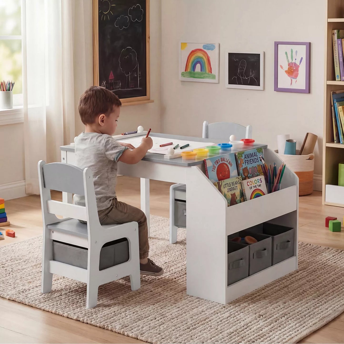 3-in-1 Kids Table and Chair Set with Paper Roll Holder and Storage for Art, Crafts, and Reading