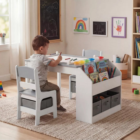 3-in-1 Kids Table and Chair Set with Paper Roll Holder and Storage for Art, Crafts, and Reading