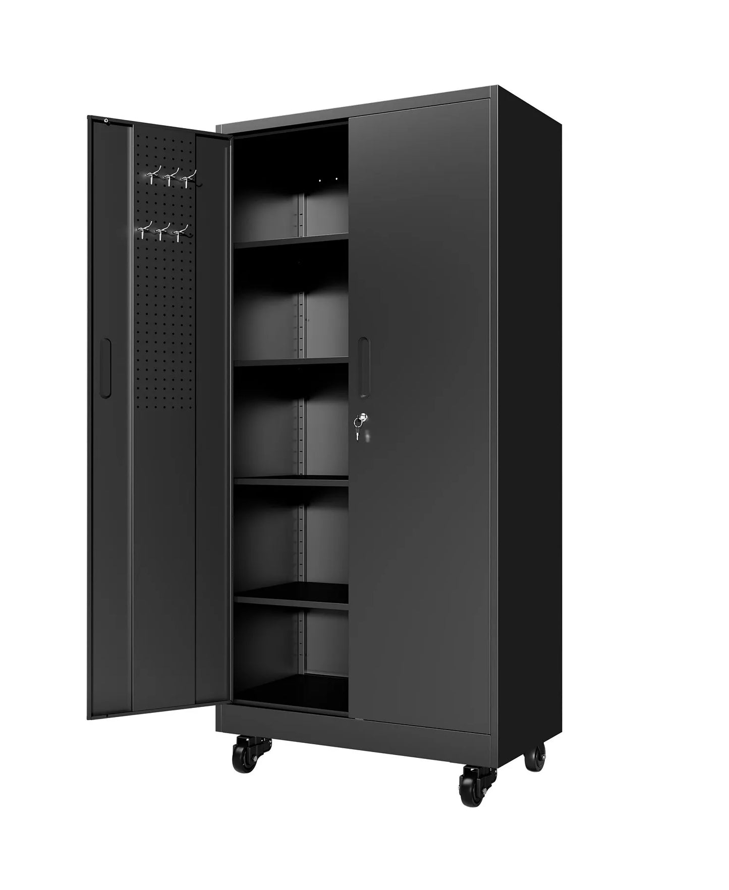 Metal Garage Cabinet - Mobile Tool Organizer with Pegboard Doors and 4 Shelves