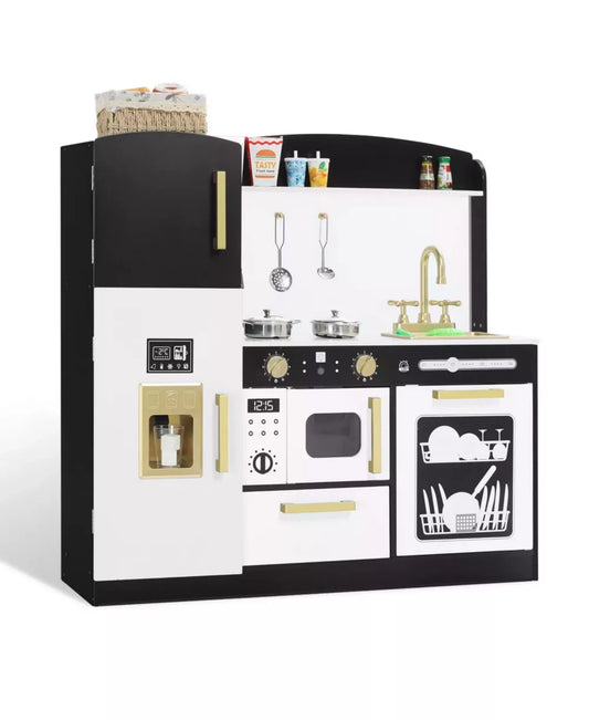 Wooden Pretend Play Kids Kitchen, Toy Kitchen Playset With Oven, Microwave for Boys Girls Age 3+