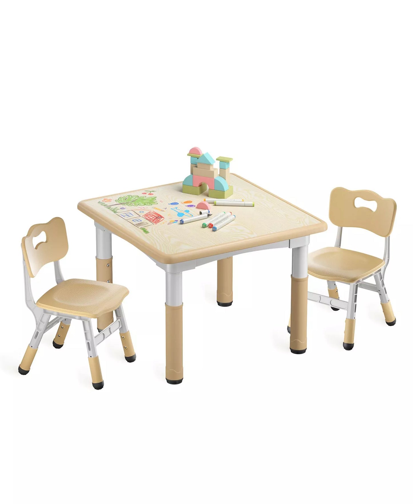 Kids Height-Adjustable Table and 2 Chairs Set with 31.5''W Easy-Clean Top