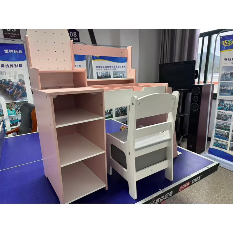 Kinder King Kids Wooden Vanity Set with Mirror and Stool, Toddler Makeup Table with Storage Drawer, Pretend Play Dressing Table for Girls Bedroom