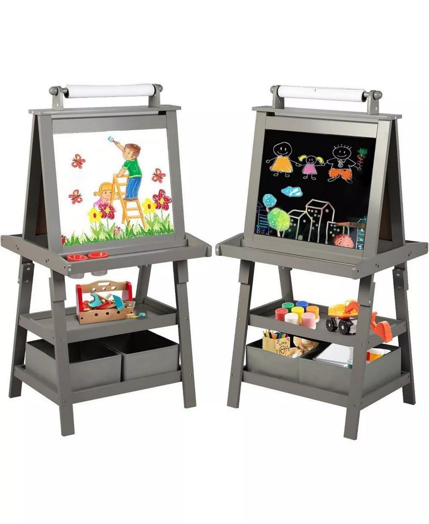 Art Easel for Kids, 3 in 1 Toddler Easel w/Whiteboard, Chalkboard and Paper Roll