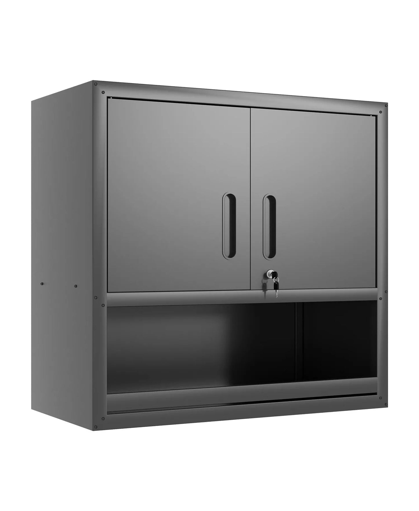 30" Wall Mounted Metal Cabinet - 2 Locking Doors and Open Drawer Garage Storage