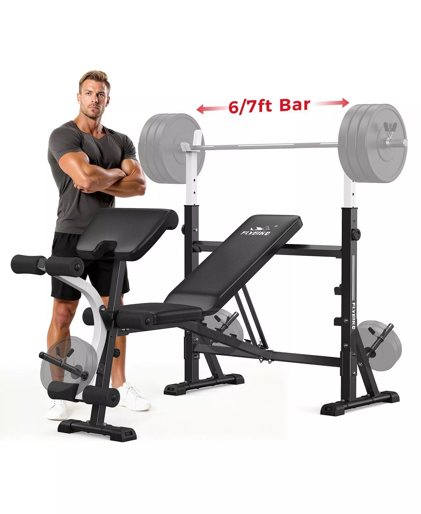 Olympic Adjustable Weight Bench, 39IN Rack Width with Bench Press Rack, Leg Extension and Leg Curl, Multi-Functional Workout Equipment