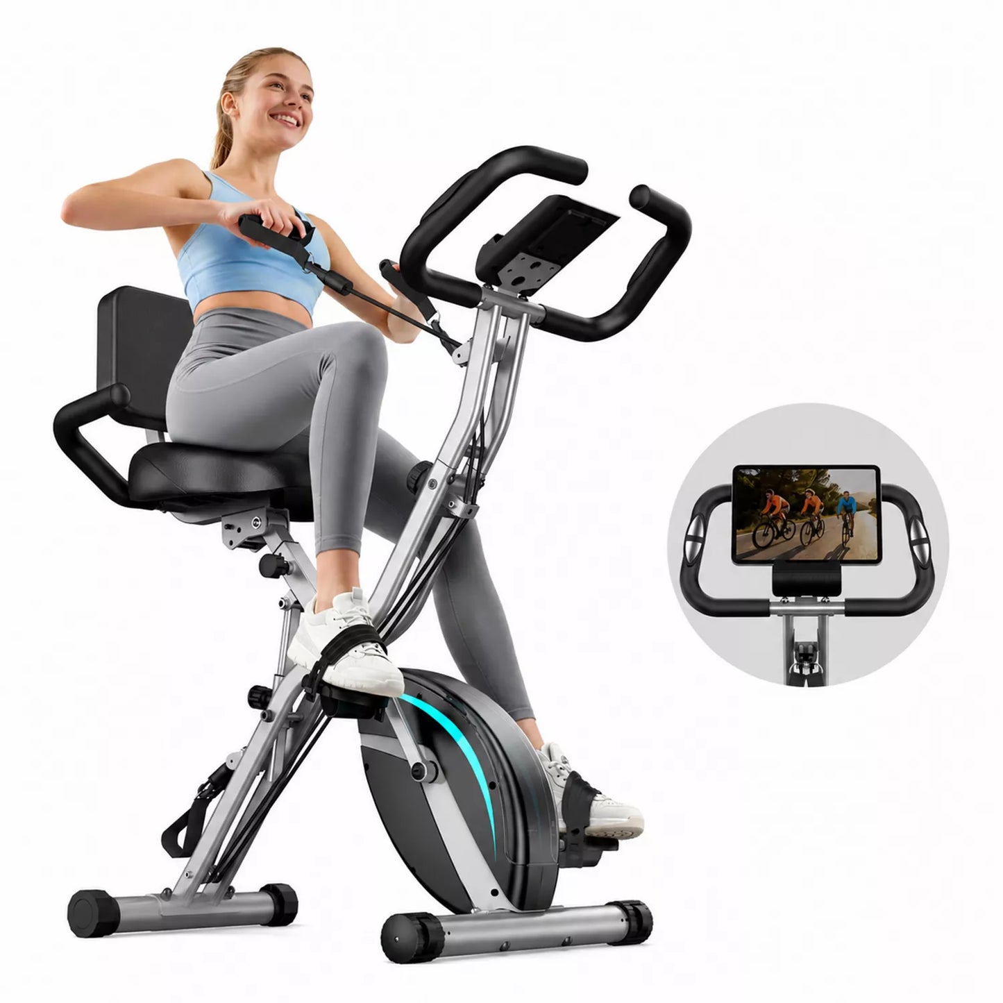 5-in-1 Magnetic Folding Exercise X-Bike, 6.6LB Flywheel, 330LB Weight Capacity, Back Support Cushion, LCD Monitor and Resistance Bands