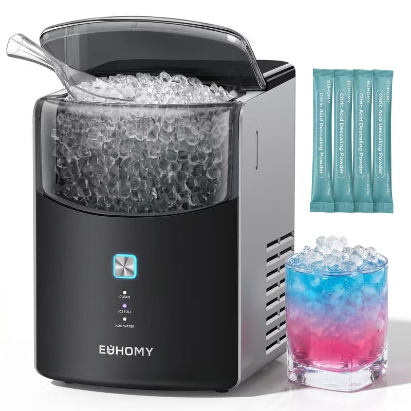 EUHOMY Nugget Ice Maker Countertop, Fast 5-Min Ice Ready, Deep Self-Cleaning System & Dual-Layer Insulation, Black