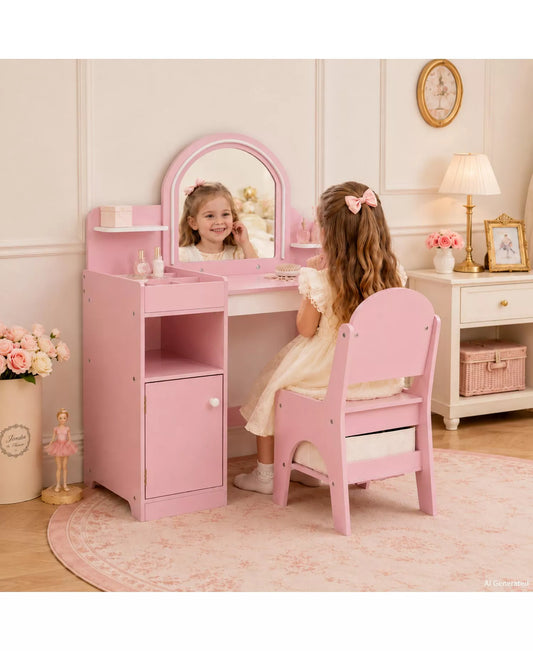 LED-Lighted Mirror Vanity Set with Storage Drawer and Stool, 2-Piece, Ages 3+