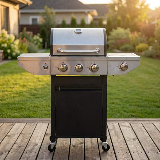 3-Burner Propane Gas Grill with Side Burner, 37000 BTU Stainless Steel BBQ for Outdoor Patio, Garden & Backyard, Black and Silver
