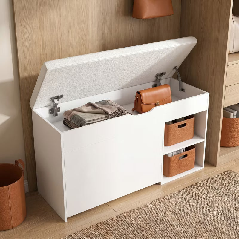 Entryway Shoe Storage Bench with Cushion, Flip-Top Hidden Storage & 3-Tier Organizer Cabinet for Hallway, Living Room, White