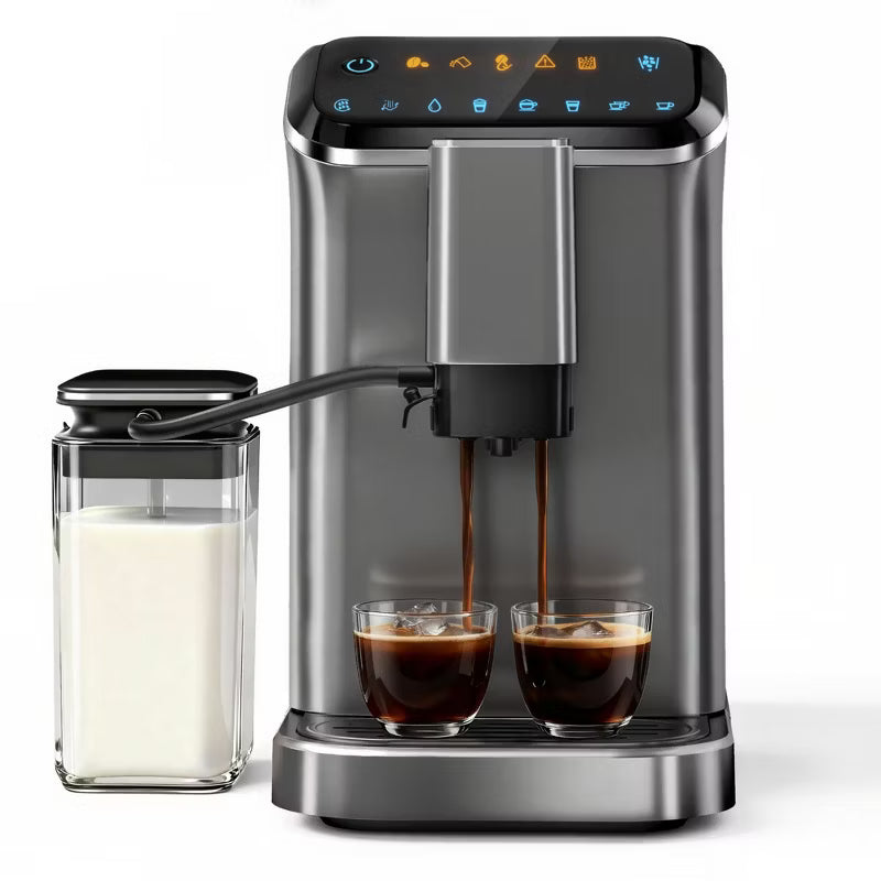 EUHOMY 20 Bar Fully Automatic Coffee and Espresso Machine with Milk Frother & Smart Touchscreen, Self-cleaning, Removable Water Reservoir, Silver
