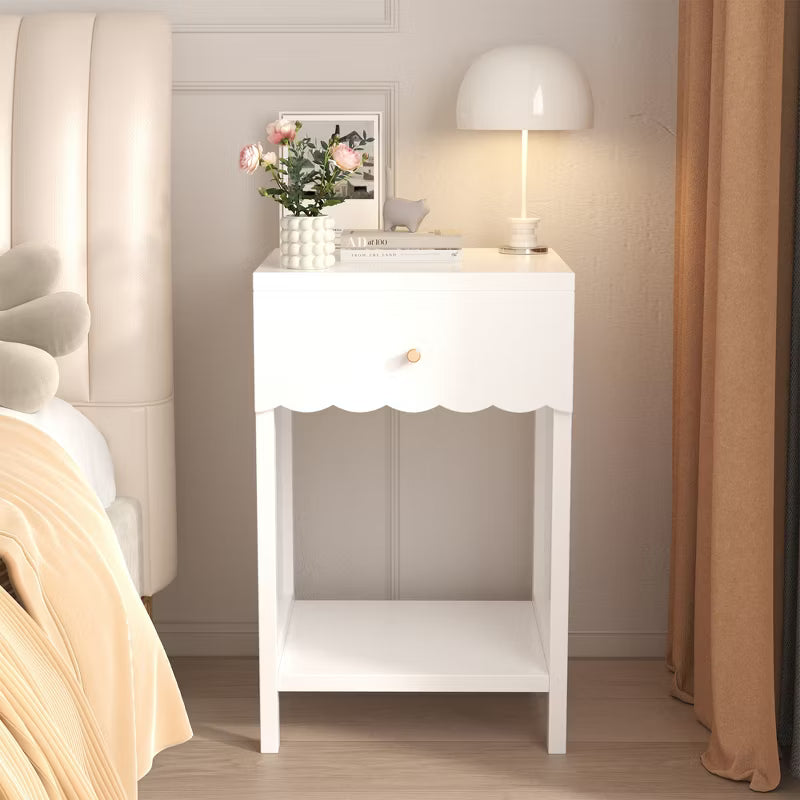 Modern White Nightstand with Scalloped Edge – 2-Tier Bedside Table with Drawer and Open Shelf, Cute Minimalist Storage for Girls' Room & Bedroom
