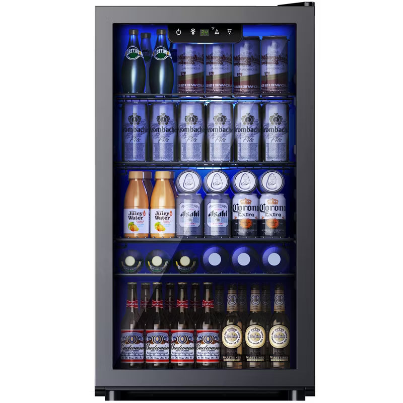 Simzlife 3.2 cu. ft. 130 Cans Beverage Refrigerator, Reversible Glass Door & LED Light, Adjustable temperature, Removable Shelves, Black