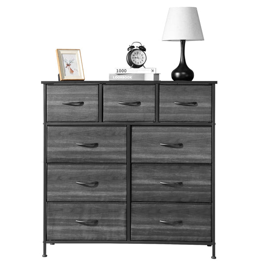 PAPROOS Fabric Dressers for Bedroom, 9 Drawer, Black Wood Grain
