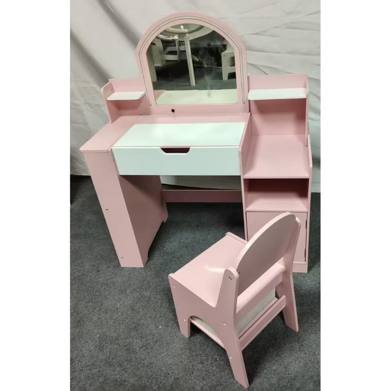 Kinder King Kids Wooden Vanity Set with Mirror and Stool, Toddler Makeup Table with Storage Drawer, Pretend Play Dressing Table for Girls Bedroom