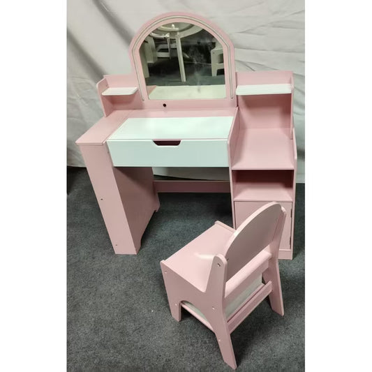 Kinder King Kids Wooden Vanity Set with Mirror and Stool, Toddler Makeup Table with Storage Drawer, Pretend Play Dressing Table for Girls Bedroom