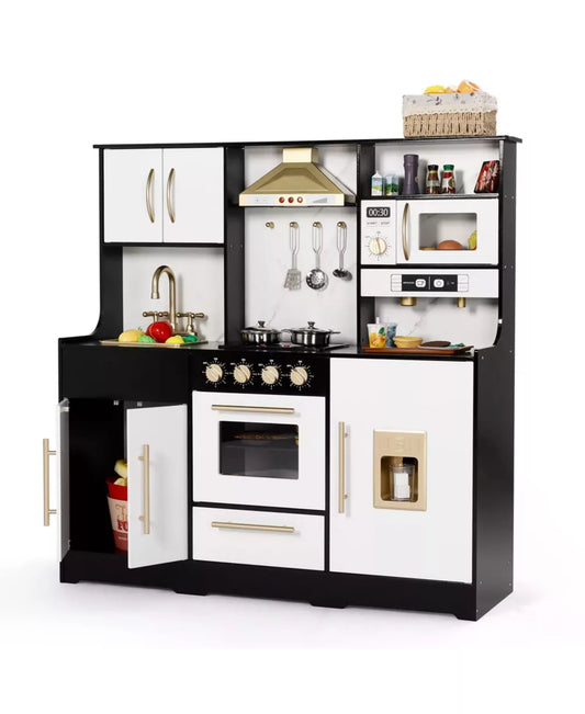 Wooden Kids Play Kitchen, Pretend Play Kitchen Playset w/Sounds for Toddlers.