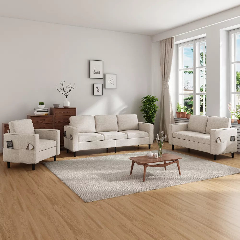 Mjkone 78" Linen Sectional Couches Set , L-Shaped Sofa with Storage Ottoman and Loveset Sofa and Armchair