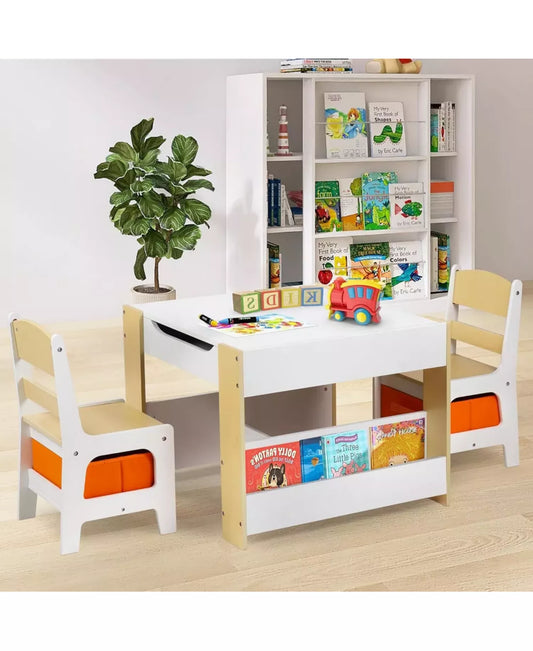 3-in-1 Kids Activity Table and 2 Chairs Set with Storage, Removable Top and Chalkboard