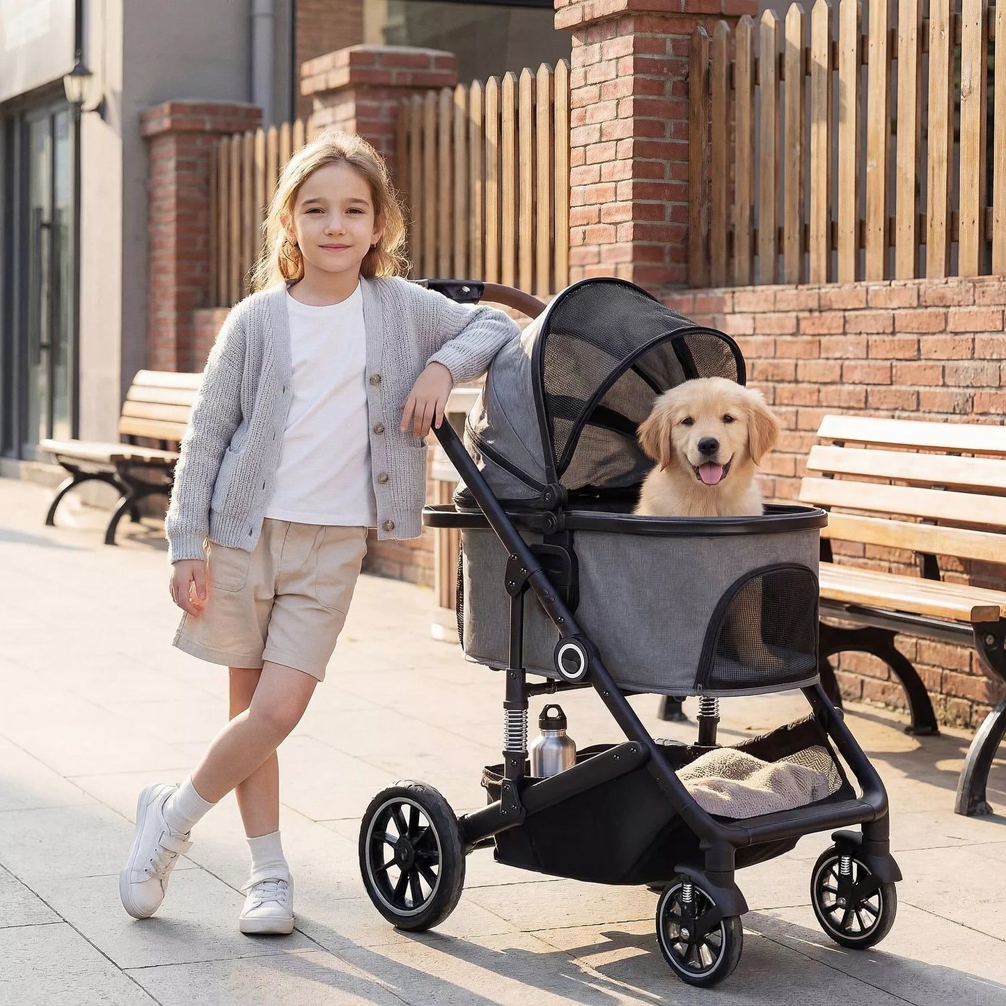 3-in-1 Folding Pet Stroller with Detachable Carrier for Small to Medium Dog and Cat up to 50 lbs, Pet Stroller with Storage Basket, Blue