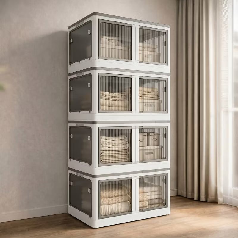 4 Tier Stackable Storage Cabinet with Doors & Wheels, Foldable Organizer for Bedroom, Living Room & Closet, White