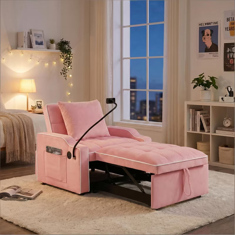 3-in-1 Convertible Sleeper Single Sofa Bed Accent chair with Adjustable Recliner Backrest, Phone Holder & USB/Type-C Ports for Living Room&Bedroom