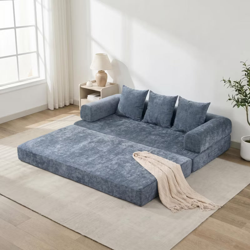 Comfy Convertible Folding Mattress Couch – Blue Modular Chenille Floor Sofa Bed for Living Room, Bedroom, Studio