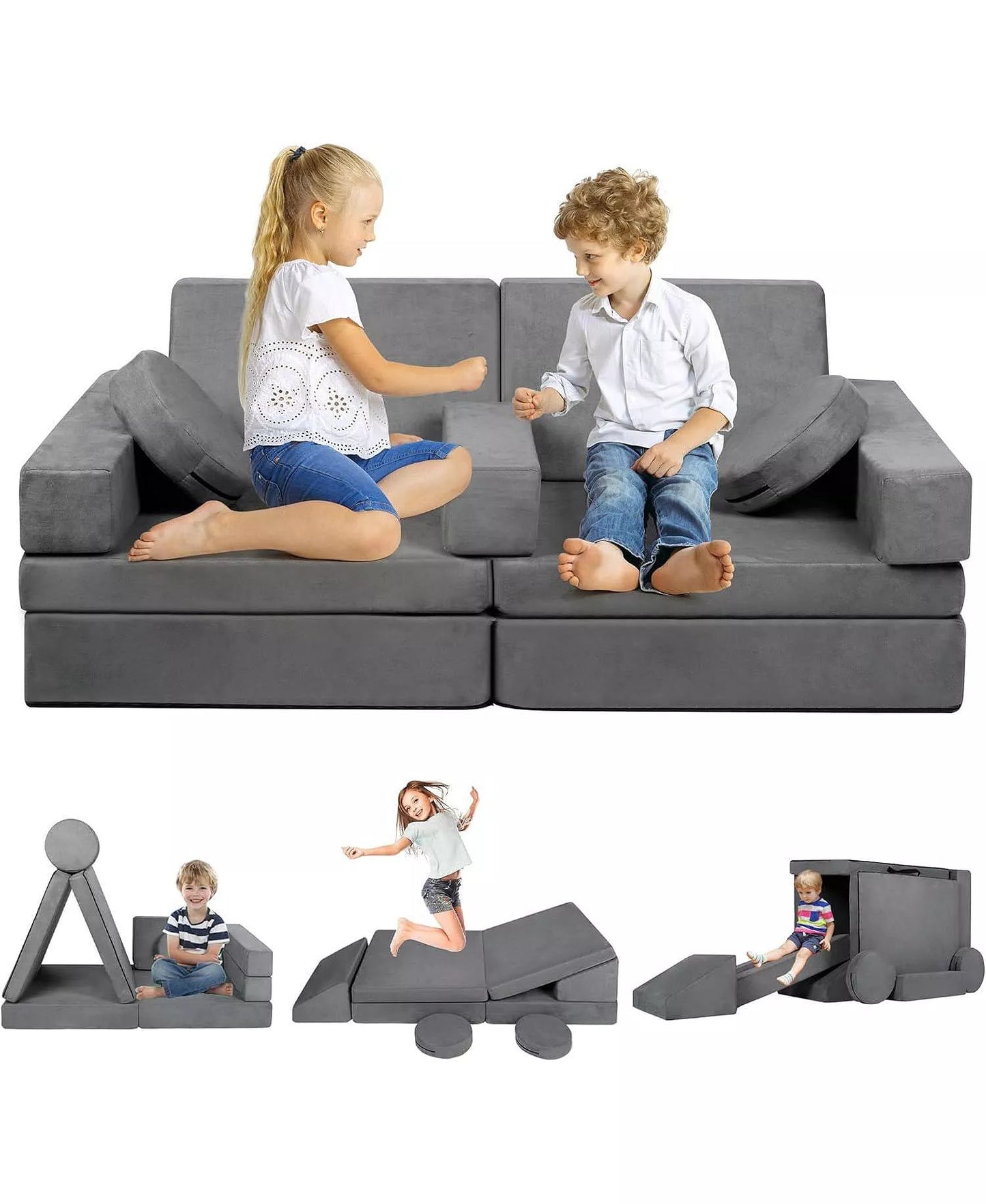 9-Piece Kids Modular Play Sofa, Convertible Foam Couch for Playroom, Grey