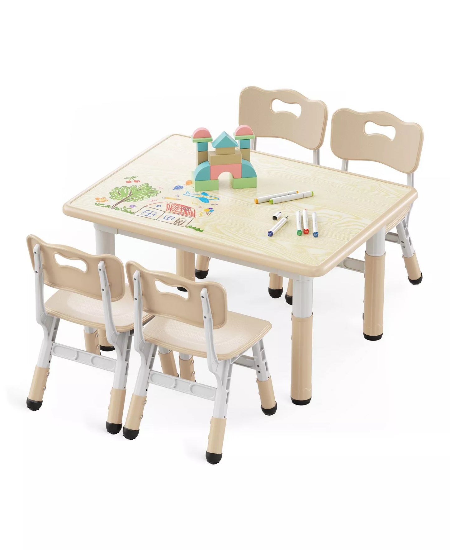 Kids Height-Adjustable Table and 4 Chairs Set with 31.5''W Easy-Clean Top