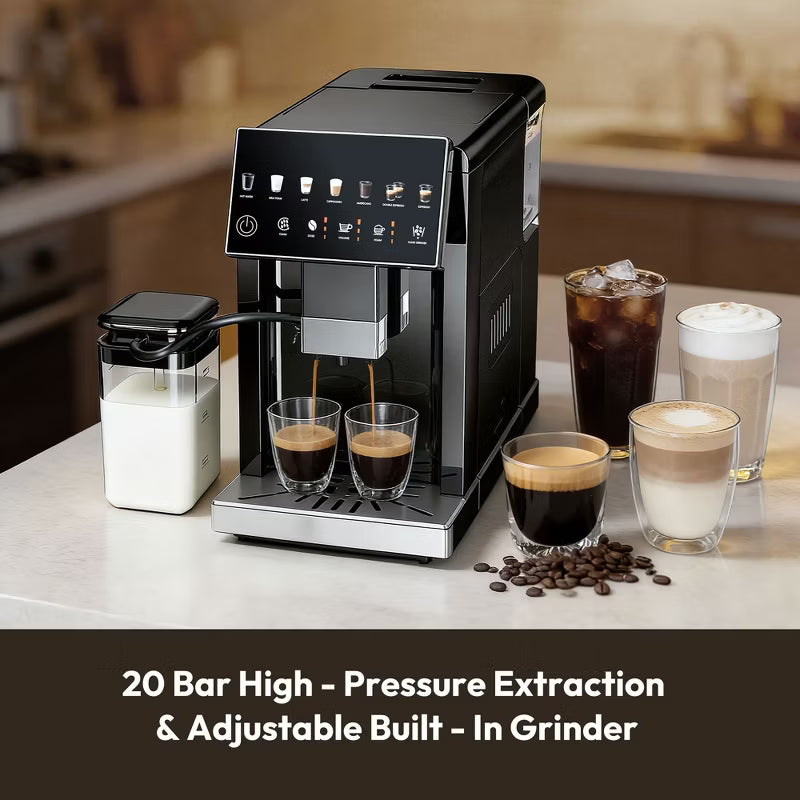 EUHOMY 20 Bar Fully Automatic Coffee and Espresso Machine, Milk Frother & Smart Touchscreen, Auto-clean, Dual Boiler Design, Black