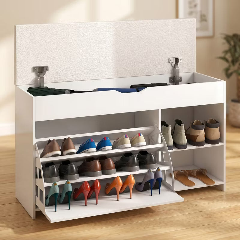 Entryway Shoe Storage Bench with Cushion, Flip-Top Hidden Storage & 3-Tier Organizer Cabinet for Hallway, Living Room, White