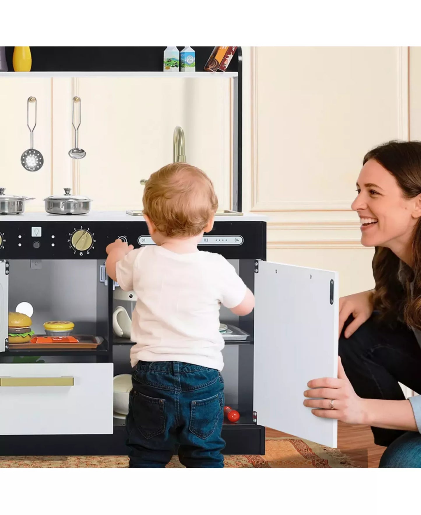 Wooden Pretend Play Kids Kitchen, Toy Kitchen Playset With Oven, Microwave for Boys Girls Age 3+