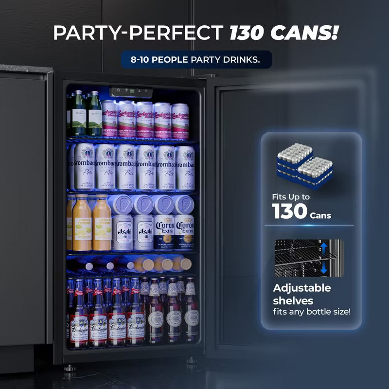 Simzlife 3.2 cu. ft. 130 Cans Beverage Refrigerator, Reversible Glass Door & LED Light, Adjustable temperature, Removable Shelves, Black
