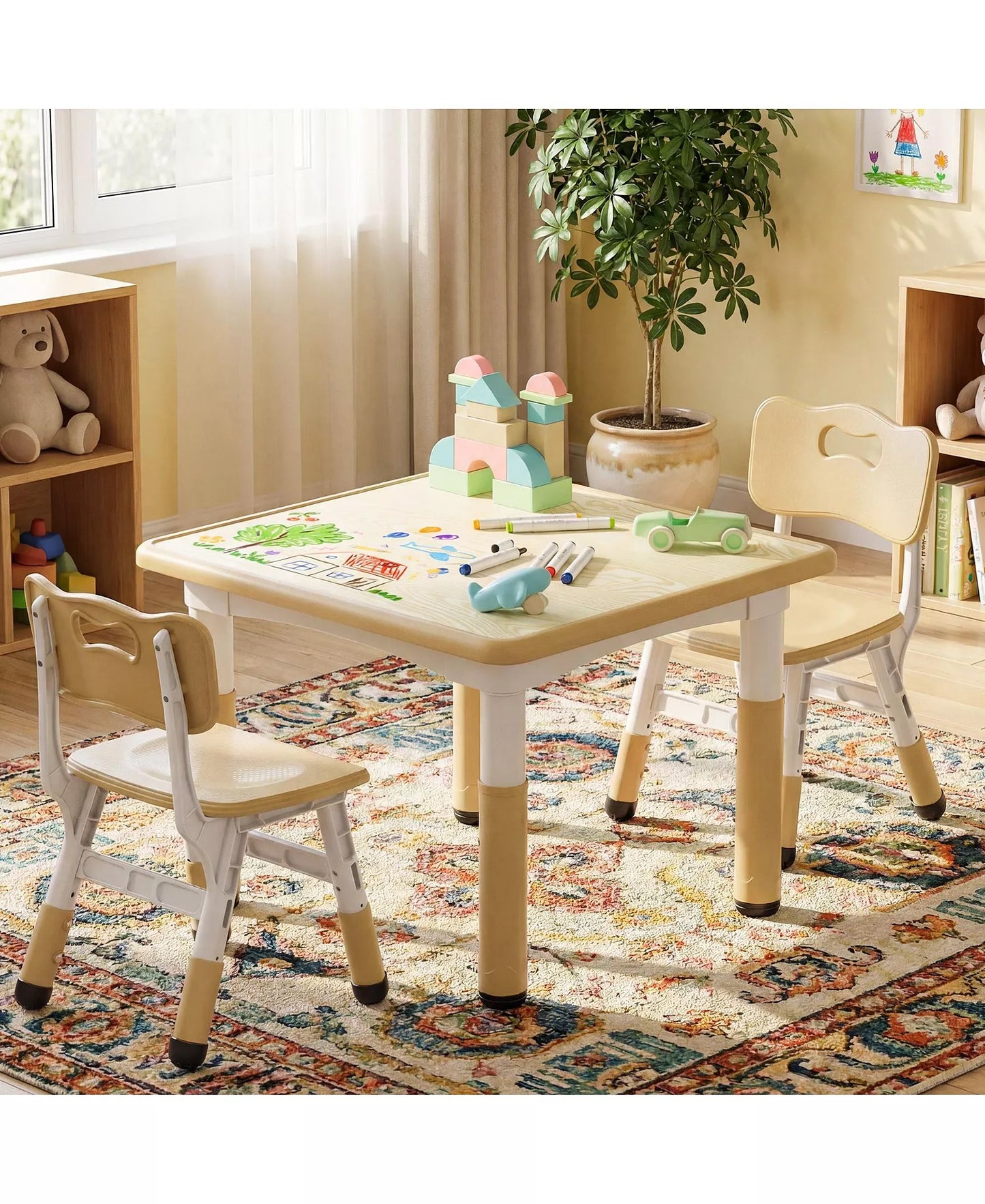 Kids Height-Adjustable Table and 2 Chairs Set with 31.5''W Easy-Clean Top